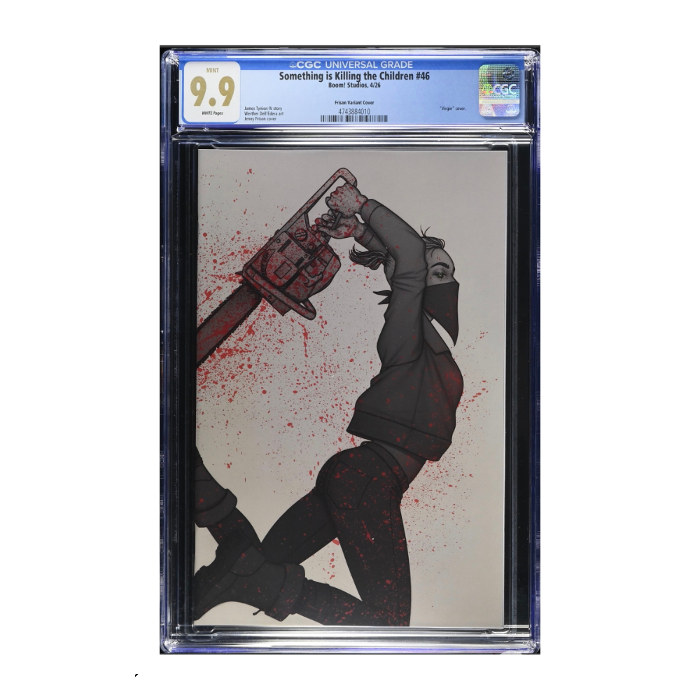 A graded comic book in a clear plastic slab. The comic is 'Something is Killing the Children #88' by CGC, featuring a dark illustration of a woman holding a chainsaw with blood splatters on a light background.