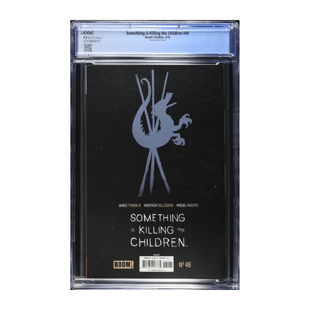 A graded comic book in a clear plastic slab. The comic is 'Something Killing the Children No.