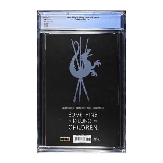 A graded comic book in a clear plastic slab. The comic is 'Something Killing the Children No.