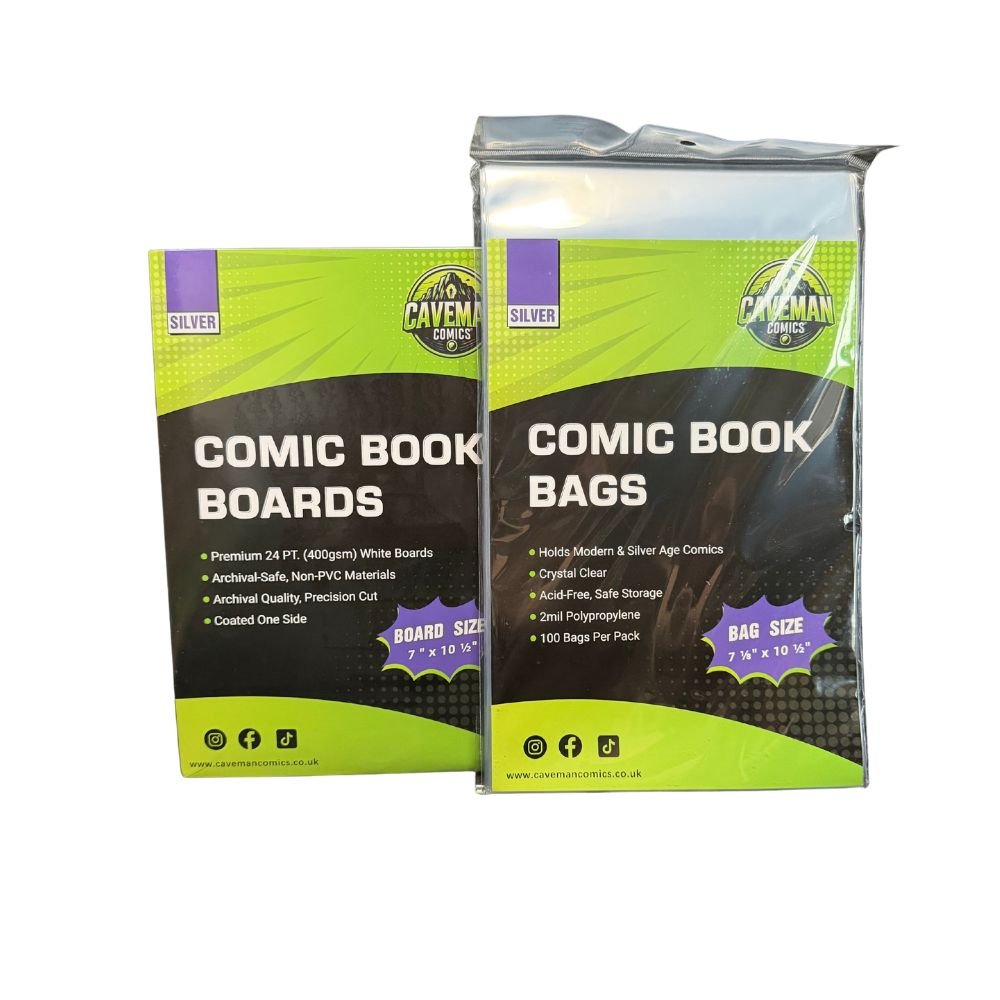 Packs of 100 silver age comic bags and boards by Caveman Comics. UK Comic Supplies