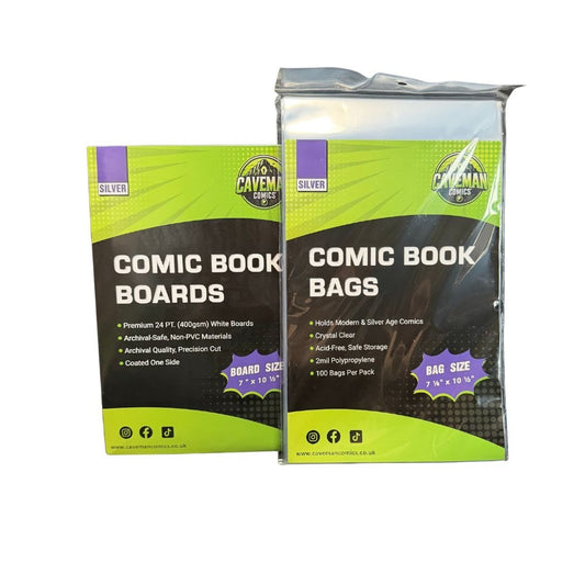 Packs of 100 silver age comic bags and boards by Caveman Comics. UK Comic Supplies