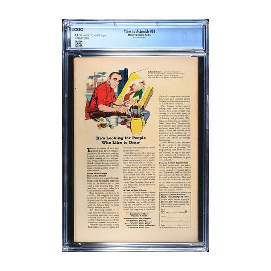 A vintage 1965 comic, Issue 74 of Tales to Astonish from Marvel comics, graded and encapsulated by CGC in a 7.0 grade. 