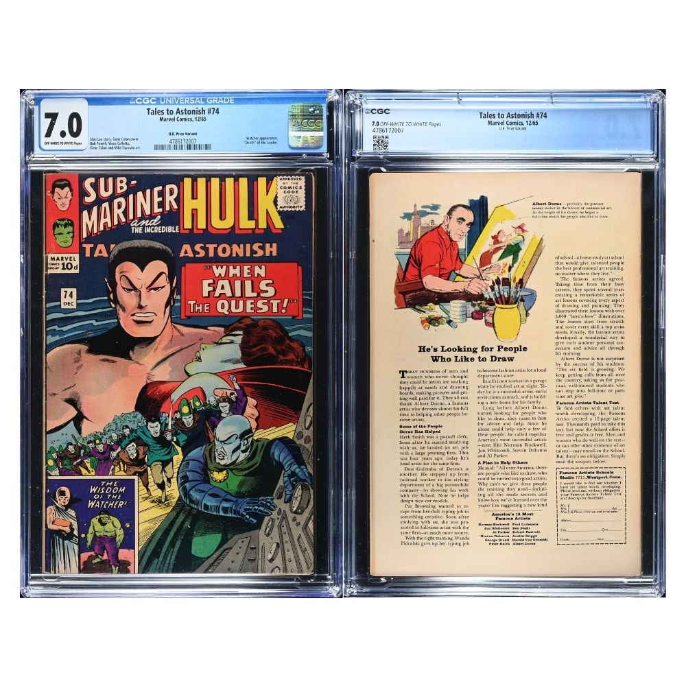 A vintage 1965 comic, Issue 74 of Tales to Astonish from Marvel comics, graded and encapsulated by CGC in a 7.0 grade. 