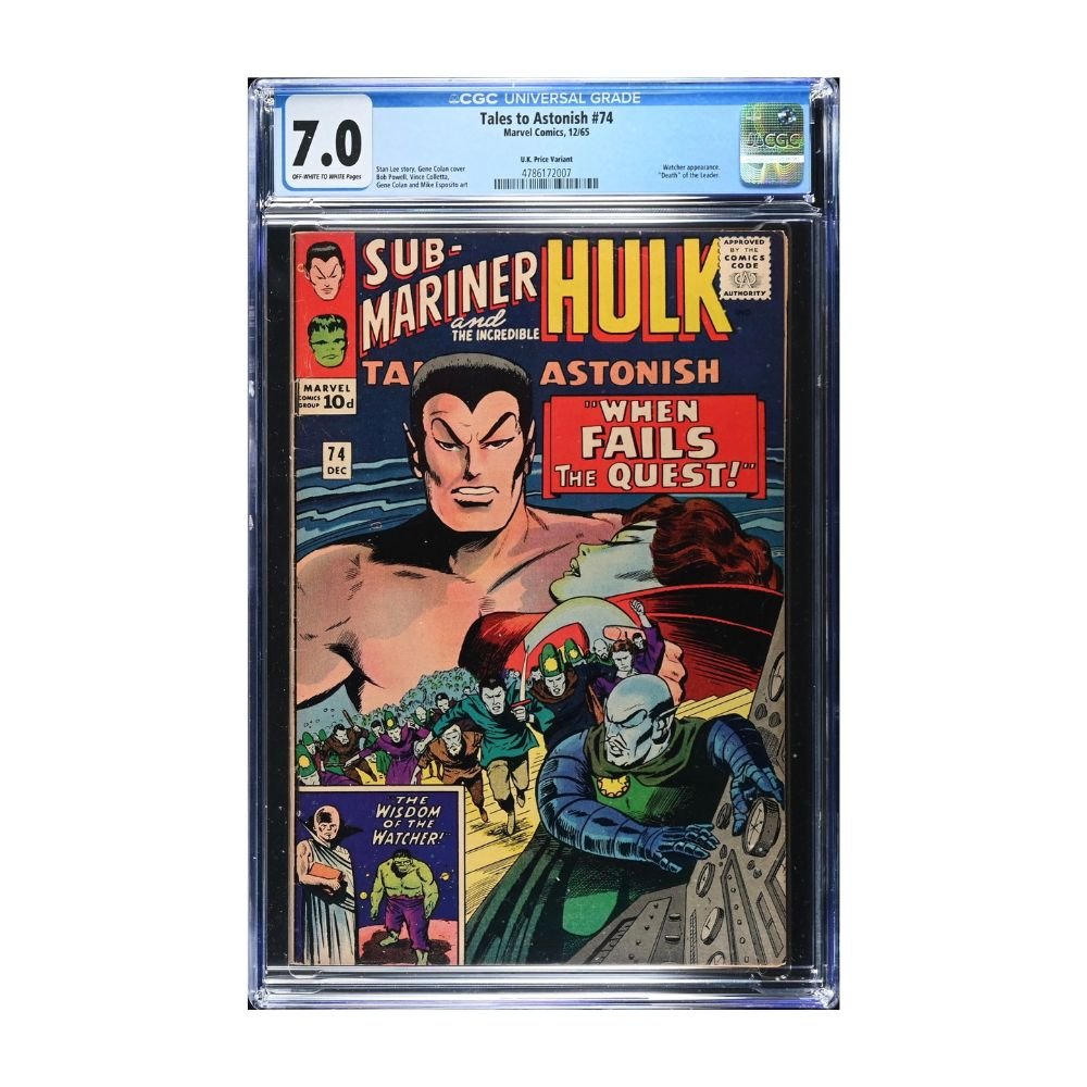 A vintage 1965 comic, Issue 74 of Tales to Astonish from Marvel comics, graded and encapsulated by CGC in a 7.0 grade. 