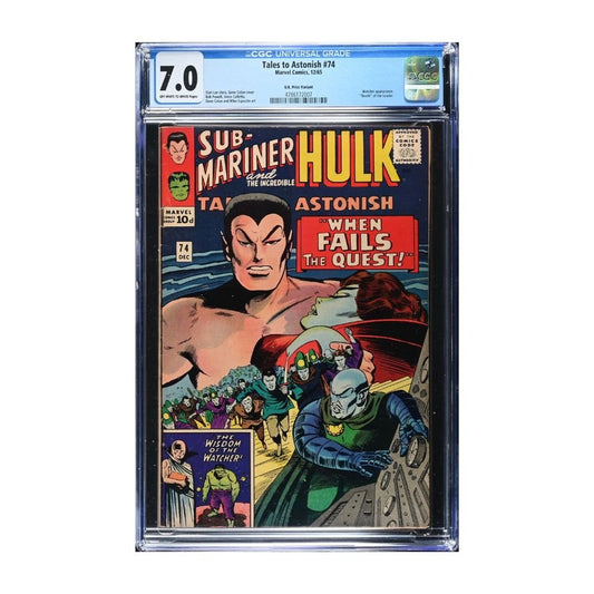A vintage 1965 comic, Issue 74 of Tales to Astonish from Marvel comics, graded and encapsulated by CGC in a 7.0 grade. 
