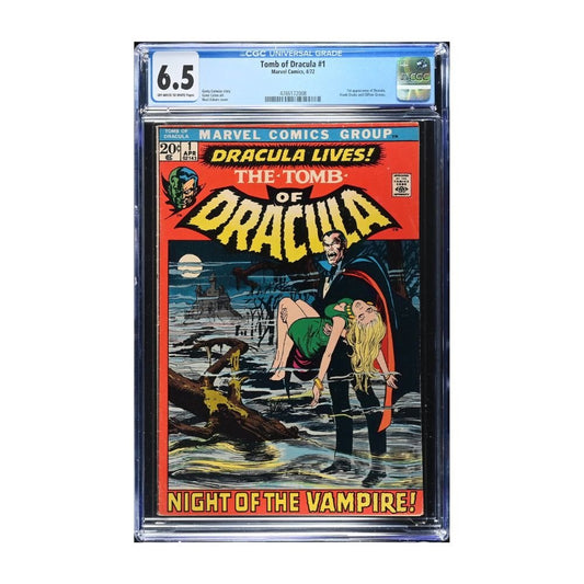 A vintage 1972 comic, Issue 1 of Tomb of dracula from Marvel comics, graded and encapsulated by CGC in a 6.5 grade. 