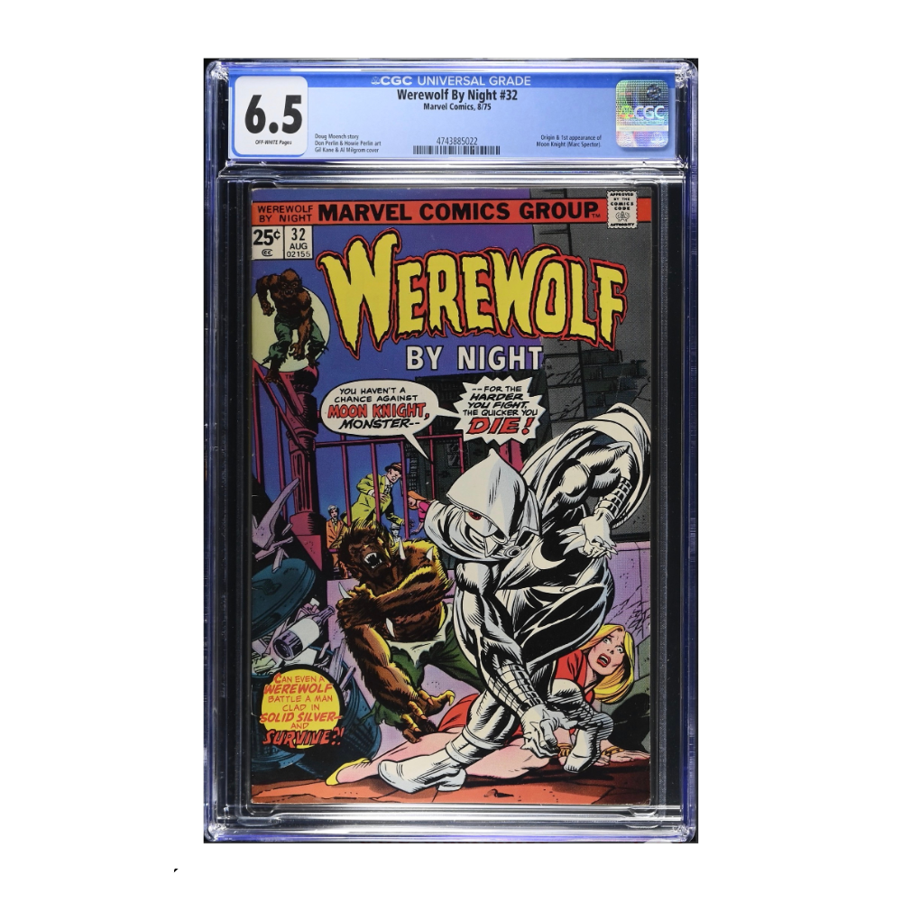 A CGC graded 6.5 copy of Werewolf by Night Issue 32 featuring the first appearance and origin of Moon Knight