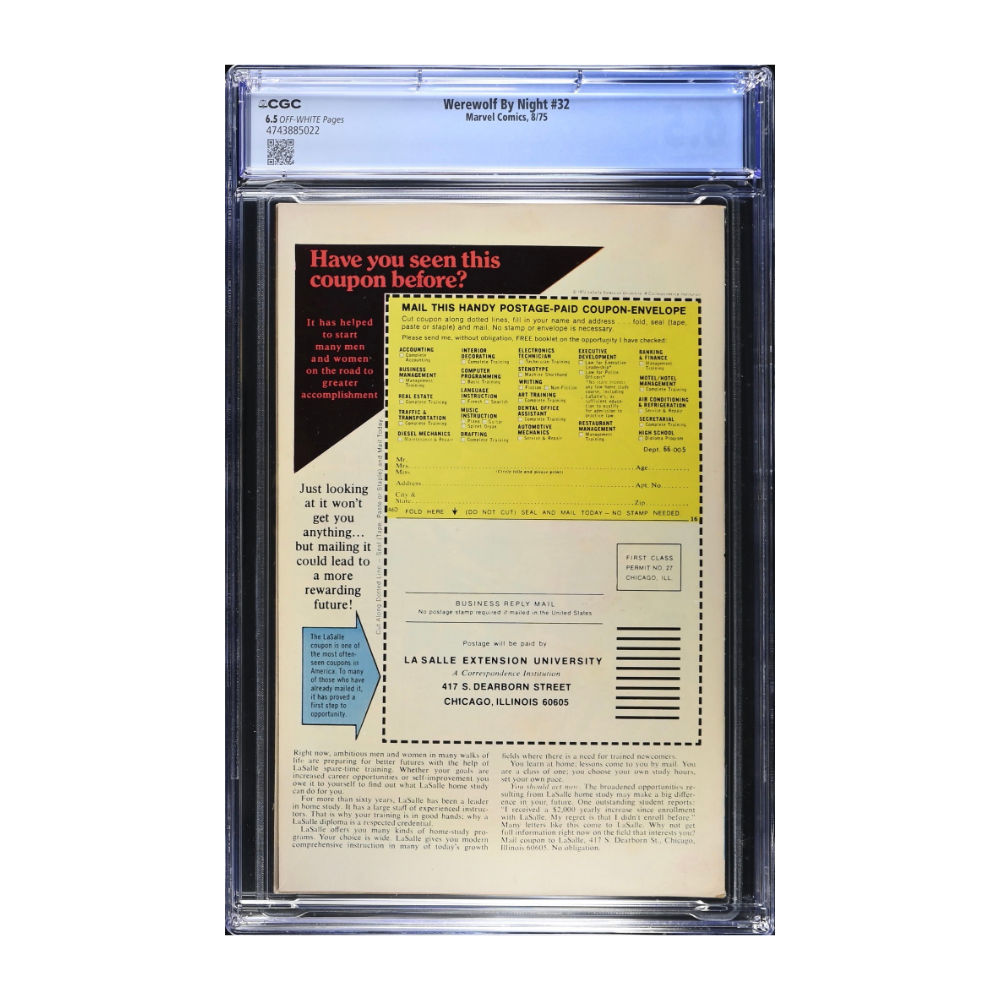 A CGC graded 6.5 copy of Werewolf by Night Issue 32 featuring the first appearance and origin of Moon Knight