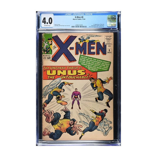 A vintage 1964 comic, Issue 8 of X-Men from Marvel comics, graded and encapsulated by CGC in a 4.0 grade. 