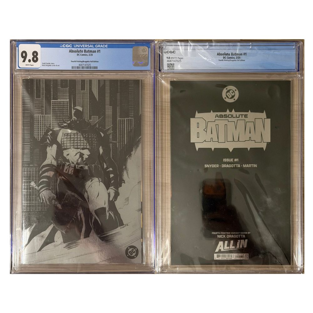 Two graded copies of Absolute Batman #1 comic book in CGC slabbing, displayed side by side on a white background. The left copy is graded 9.8