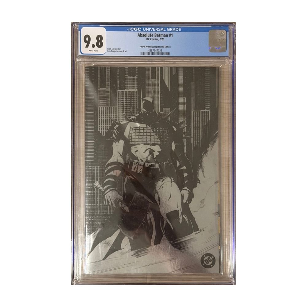 A graded comic book in a clear plastic slab. The comic is DC's Absolute Wrath #1, featuring a black and white illustration of Batman, graded a 9.8