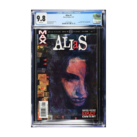A graded comic book in a clear plastic grading case on a white background. The comic is Alias #1 from Wildstorm Comics, graded CGC 9.