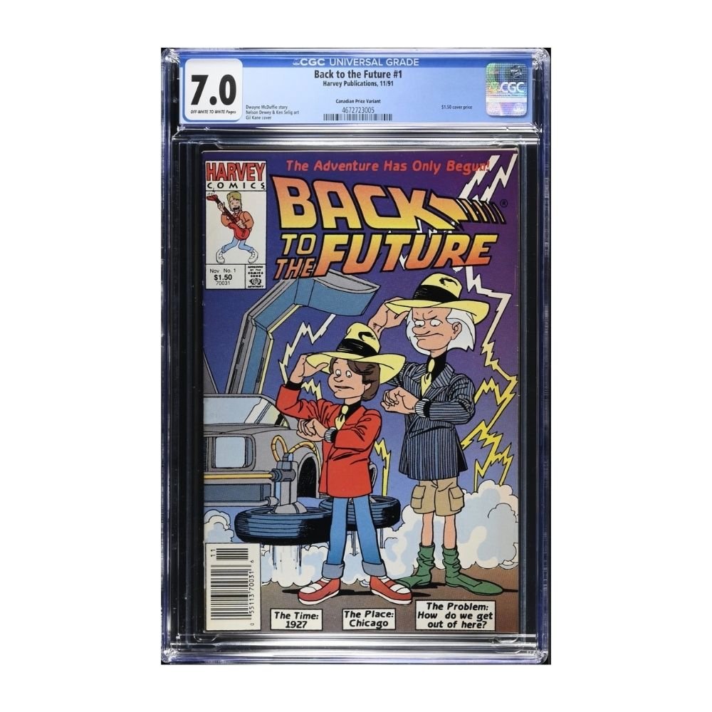 A graded Back to the Future #1 comic book inside a clear plastic slab and a blue grading label at the top shows a 7.0