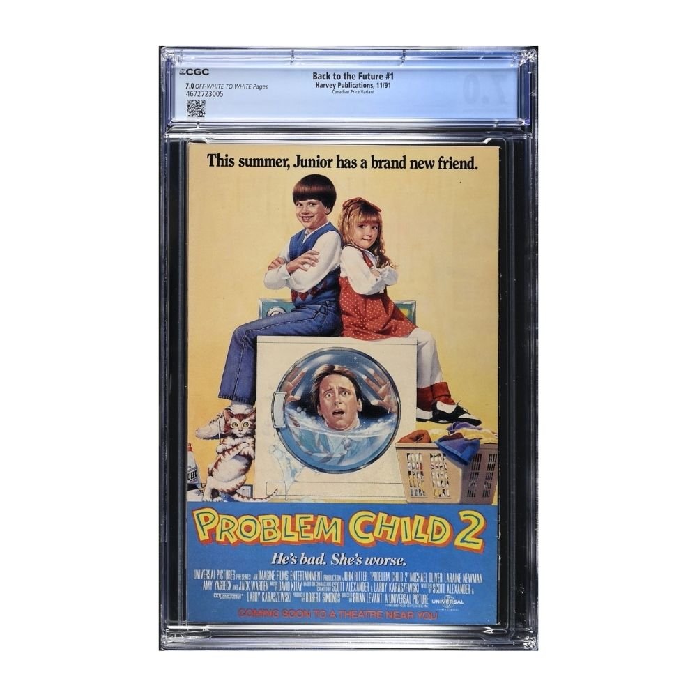 A graded Back to the Future #1 comic book inside a clear plastic slab and a blue grading label at the top shows a 7.0