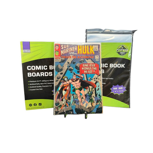 Pack of 100 archival-safe silver age comic bags and acid-free backing boards for premium storage from Caveman Comics UK