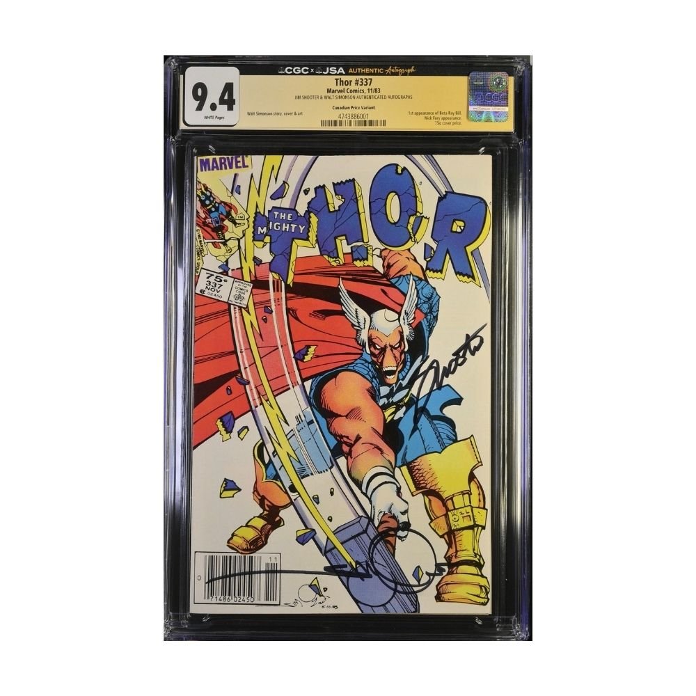 A graded comic book, Thor #147, graded 9.4 by CGC, encapsulated in a plastic protective slab. Signed by Walt Simonson & Jim Shooter