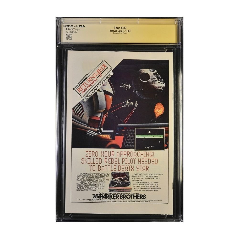 A graded comic book, Thor #147, graded 9.4 by CGC, encapsulated in a plastic protective slab. Signed by Walt Simonson & Jim Shooter