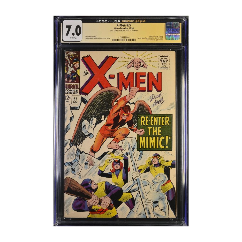 CGC graded 7.0 copy of X-Men #27 (1966) from "image_7.png", featuring the iconic "Re-Enter: The Mimic!" cover art by Werner Roth and Dick Ayers, with a JSA-authenticated autograph by Dick Ayers.