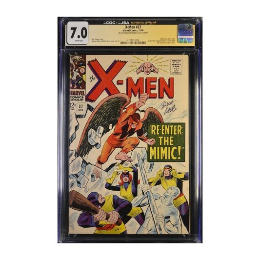 CGC graded 7.0 copy of X-Men #27 (1966) from "image_7.png", featuring the iconic "Re-Enter: The Mimic!" cover art by Werner Roth and Dick Ayers, with a JSA-authenticated autograph by Dick Ayers.